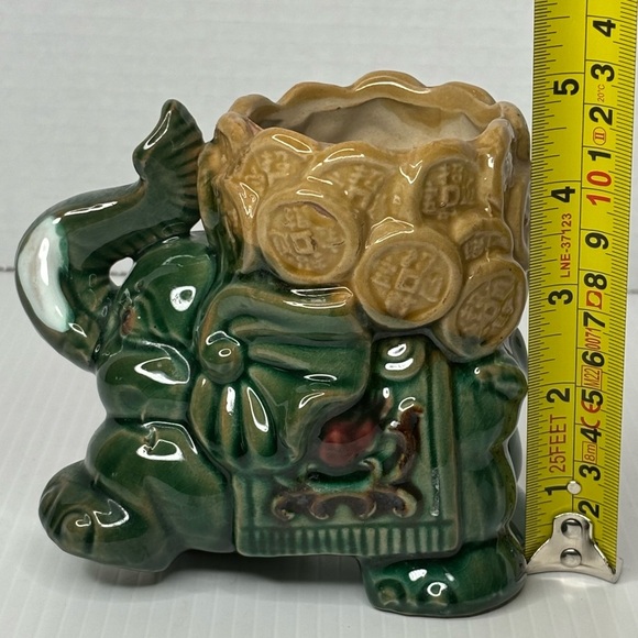 Good Luck Forest green Trunk Up Elephant With beige Coin Basket Planter 5” - Picture 7 of 9